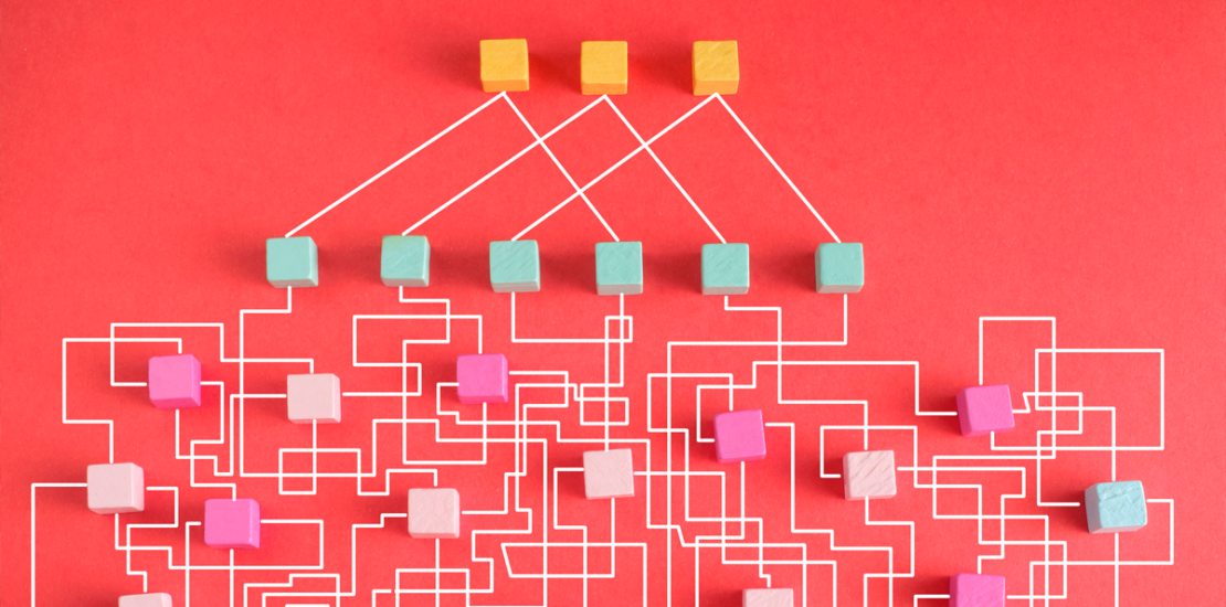 Colored blocks in a tangled network illustrating institutional maturity gaps in mid-sized companies, Clarion Consulting
